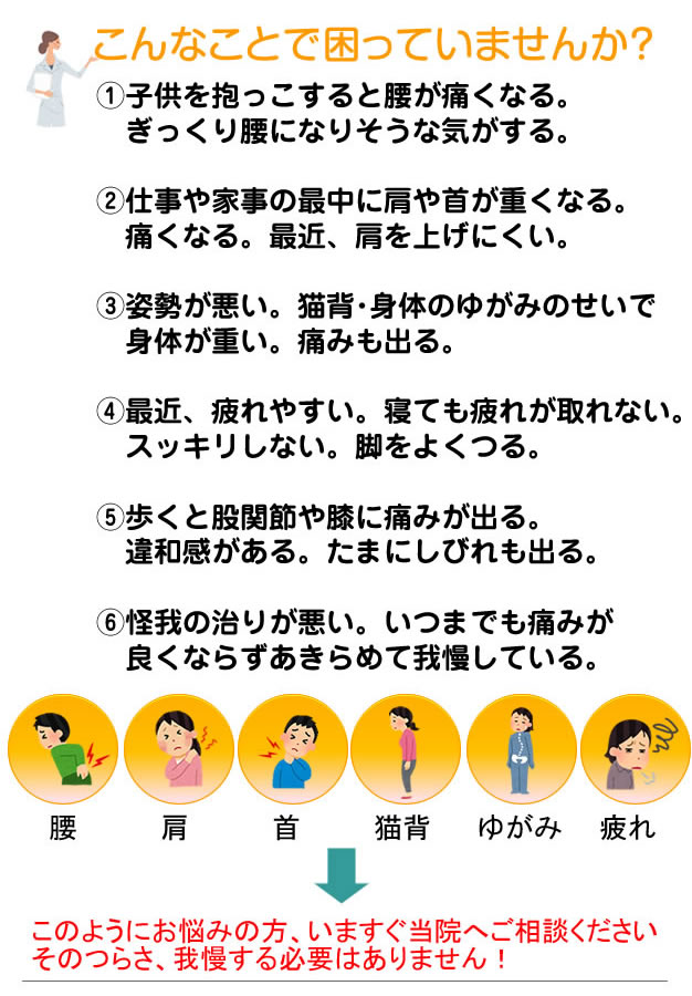 こんなことで困っていませんか？①子供を抱っこすると腰が痛くなる。ぎっくり腰になりそうな気がする。②仕事や家事の最中に肩や首が重くなる。痛くなる。最近、肩を上げにくい。③姿勢が悪い。猫背･身体のゆがみのせいで身体が重い。痛みも出る。④最近、疲れやすい。寝ても疲れが取れない。スッキリしない。脚をよくつる。⑤歩くと股関節や膝に痛みが出る。違和感がある。たまにしびれも出る。⑥怪我の治りが悪い。いつまでも痛みが良くならずあきらめて我慢している。